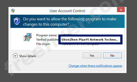 Screenshot where ShenZhen PiaoYi Network Technology Co.,Ltd. appears as the verified publisher in the UAC dialog